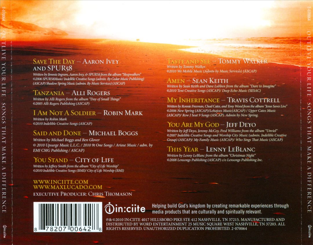 Max Lucado Out Live Your Life: Songs Inspiring You To Make a Difference cover art
